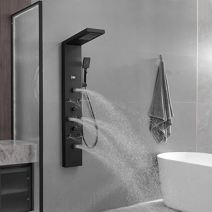 Shower Panel Tower System, Stainless Steel Multi-Function Shower Panel, Shower Tower with 5 Body Jets Handheld Shower Wand Tub Spout and Rainfall Head Temperature Display, Black