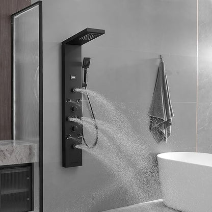 Shower Panel Tower System, Stainless Steel Multi-Function Shower Panel, Shower Tower with 5 Body Jets Handheld Shower Wand Tub Spout and Rainfall Head Temperature Display, Black