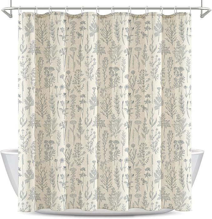 Coxila Vintage Floral Linen Shower Curtain Blue Flower Retro Rustic Botanical Plant Country Farmhouse Cottage Wildflower Aesthetic Wildflower Spring Bathroom 72 x 72 Inch Fabric Cloth 12 Pack Hooks