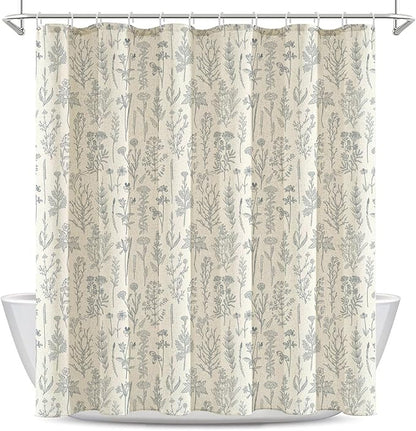 Coxila Vintage Floral Linen Shower Curtain Blue Flower Retro Rustic Botanical Plant Country Farmhouse Cottage Wildflower Aesthetic Wildflower Spring Bathroom 72 x 72 Inch Fabric Cloth 12 Pack Hooks