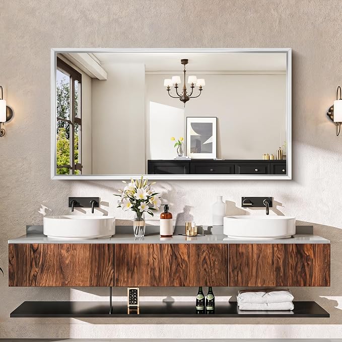 CIRCUMI 30"x55" Brushed Silver Bathroom Mirror, Double Sink Vanity Mirror | Chunky Box Metal Frame, Shatterproof, Tempered Glass, Bathroom Remodel&New Home, Large Rectangular Mirror for Living Room
