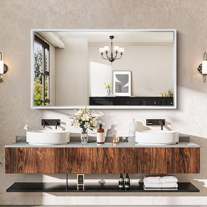 CIRCUMI 30"x55" Brushed Silver Bathroom Mirror, Double Sink Vanity Mirror | Chunky Box Metal Frame, Shatterproof, Tempered Glass, Bathroom Remodel&New Home, Large Rectangular Mirror for Living Room
