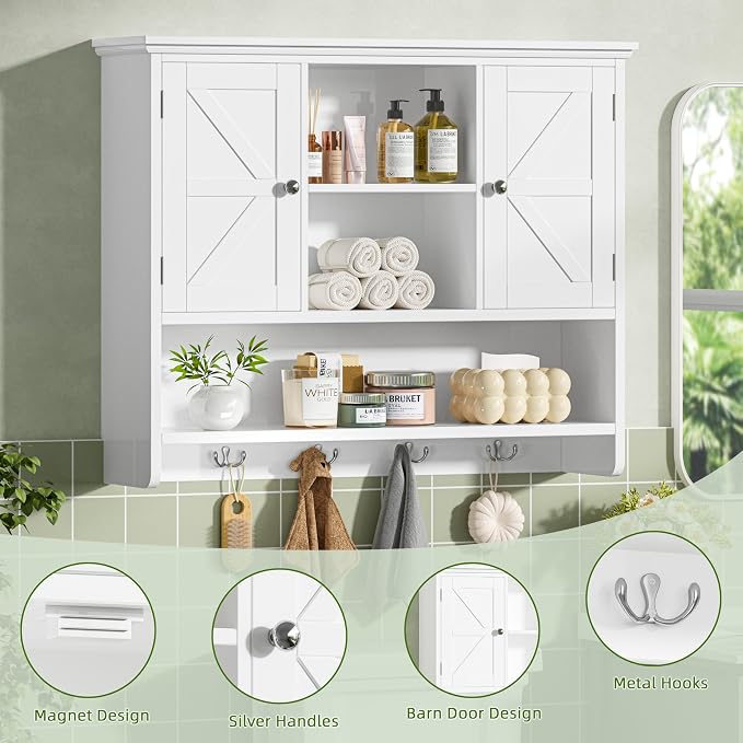 Bathroom Wall Cabinet with Doors and Hooks, 3-Tier Wall Mounted Cabinet | Farmhouse Medicine Cabinet with 3 Open Shelves, Over the Toilet Storage Cabinet for Kitchen, Laundry Room, Living Room, White