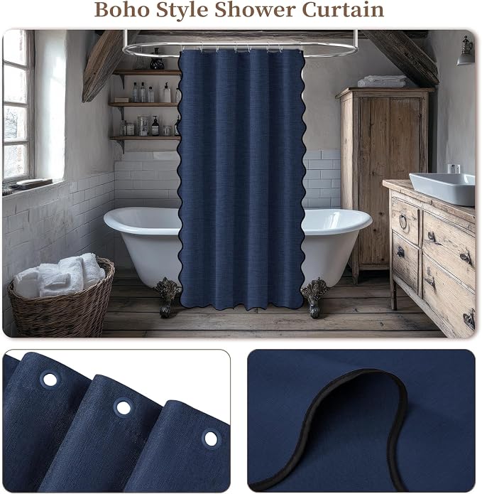 BTTN 48x72 Boho Scalloped Linen Textured Cloth Shower Curtain, Navy Blue | Stall Size, 230GSM Waterproof Polyester, Heavy Duty Fabric, 8 Plastic Hooks, Elegant Modern Farmhouse Style, Machine Washable