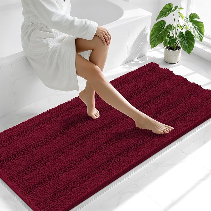 Smiry Thick Chenille Bathroom Runner Rugs 59x24, Soft Bath Mat, Burgundy | Quick‑Dry & Machine Washable, Non‑Slip Bath Carpet, Striped Bath Rugs for Tub & Shower, Modern Home Decor Accessories