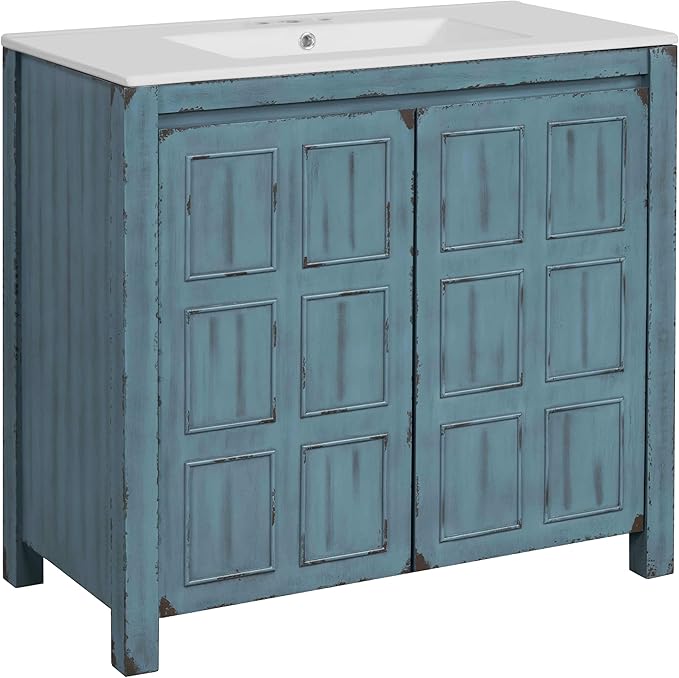 36" Bathroom Vanity Organizer with Ceramic Sink, Set Bathroom Storage Cabinet, Retro Blue