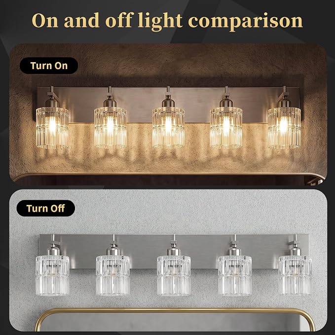 OCIOC 5-Light Bathroom Light Fixtures Brushed Nickel, Bathroom Vanity Light with Glass Shade, E26 Base Vanity Lights for Mirror,Bedroom,Living Room