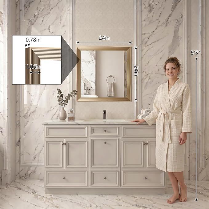 DESBING 24"x24" Gold Bathroom Mirrors for Over Sink | Tempered Glass, Metal Frame, Rectangle Vanity Wall Mirror for Bathroom, Living Room, Bedroom, Horizontally or Vertically