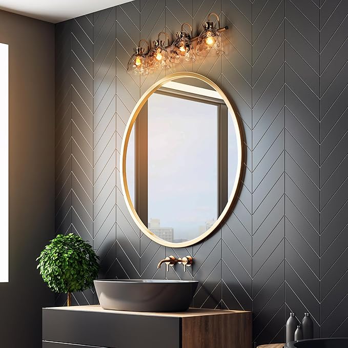 KSANA Bathroom Light Fixtures, 31" Large Vanity Lights Over Mirror 4 Light Bathroom Lighting with Textured Glass Mid-Century Modern Vanity Light for Dressing Room, Powder Room