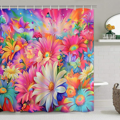 4-Piece Sunflower Shower Curtain Pink Blue Flower Bathroom Set with Shower Curtain and Rugs, Pastel Daisy Bath Set with Hooks for Home Decor