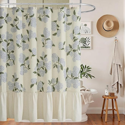 ORTIGIA Linen Textured Ruffle Shower Curtain with Metal Hooks, Vintage Blue Floral Hydrangea Boho Waterproof Bath Curtain for Rustic Farmhouse Bathroom Decor 72x72 Inch