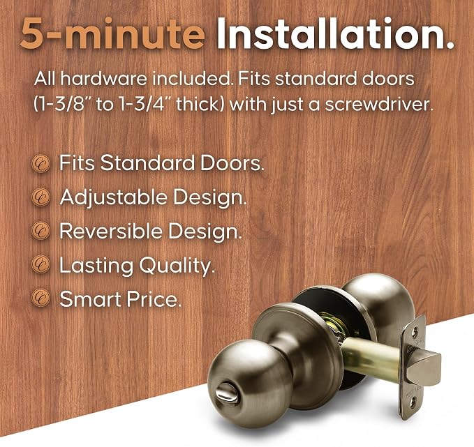 Copper Creek BK2030AB Ball Door Knob, Privacy Function, 1 Pack, in Antique Brass