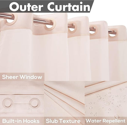 River Dream No Hook Slub Textured Shower Curtain with Snap-in PEVA Liner Set - 71" x 74"(72"), Hotel Style with See Through Top Window, Fabric Outer Curtain & Waterproof Inner Liner, Pink, 71x74