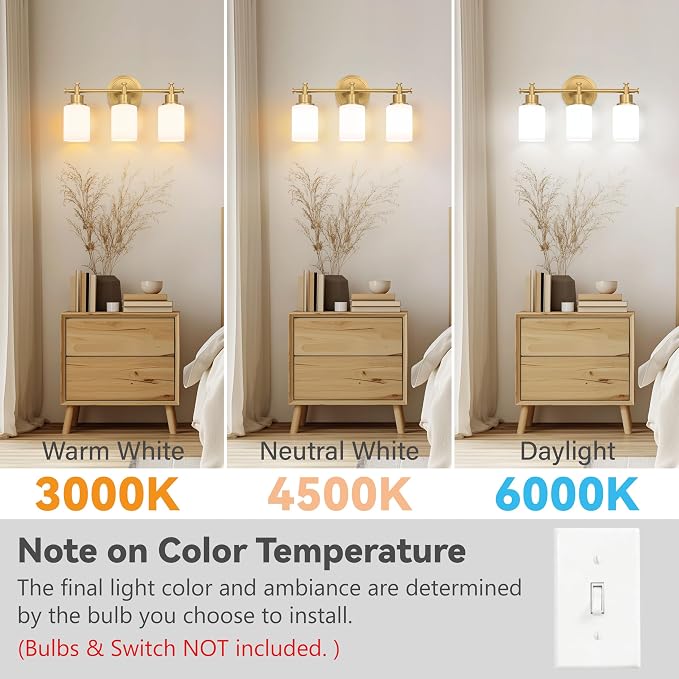 Bathroom Vanity Light, 3-Bulb Brushed Gold Vanity Light for Bathroom 17.5'' | Modern Champagne Gold Wall Sconce with White Glass Shades, Anti-Rust Light Fixtures over Mirror (Bulbs Not Included, E26)