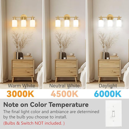Bathroom Vanity Light, 3-Bulb Brushed Gold Vanity Light for Bathroom 17.5'' | Modern Champagne Gold Wall Sconce with White Glass Shades, Anti-Rust Light Fixtures over Mirror (Bulbs Not Included, E26)