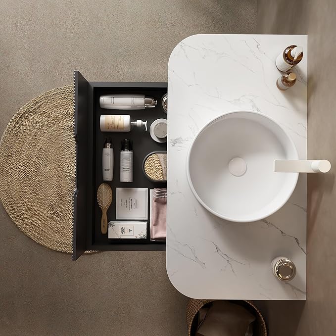 36'' Floating Vanity with Sink Combo, Modern Wall-Mounted Curved Edges Striped Bathroom Storage Cabinet with Soft-Close Drawer and White Artificial Marble Basin, Black