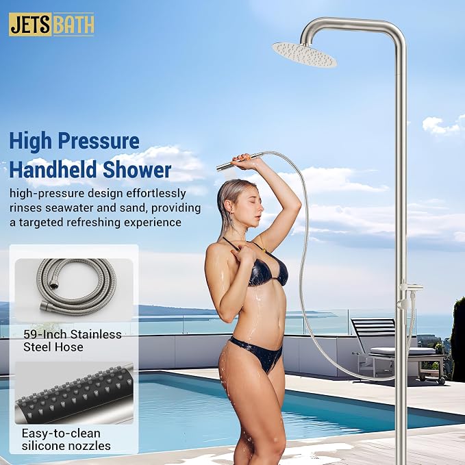 Freestanding Outdoor Shower Faucet Set, 316 Marine Grade Stainless Steel Outside Shower System for Backyard/Garden/Poolside/Beach,Outside Shower Faucet with Rain Shower Head & Handheld,Brushed Nickel
