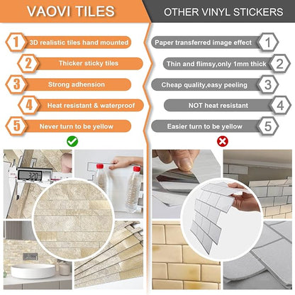 VAOVI Peel and Stick Tile Stone Backsplash for Kitchen Wall(10pcs,Beige)