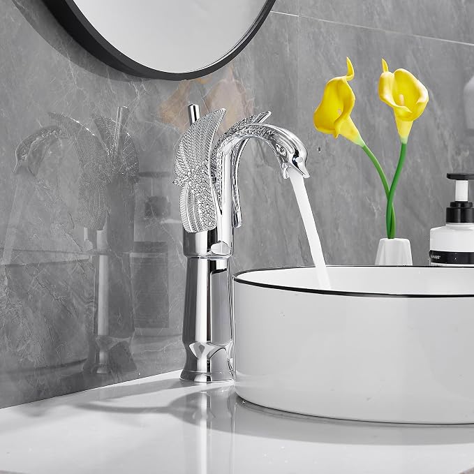 Chrome Swan Shape Single Handle One Hole Bathroom Vessel Sink Faucet Deck Mount Lavatory Sink Faucet