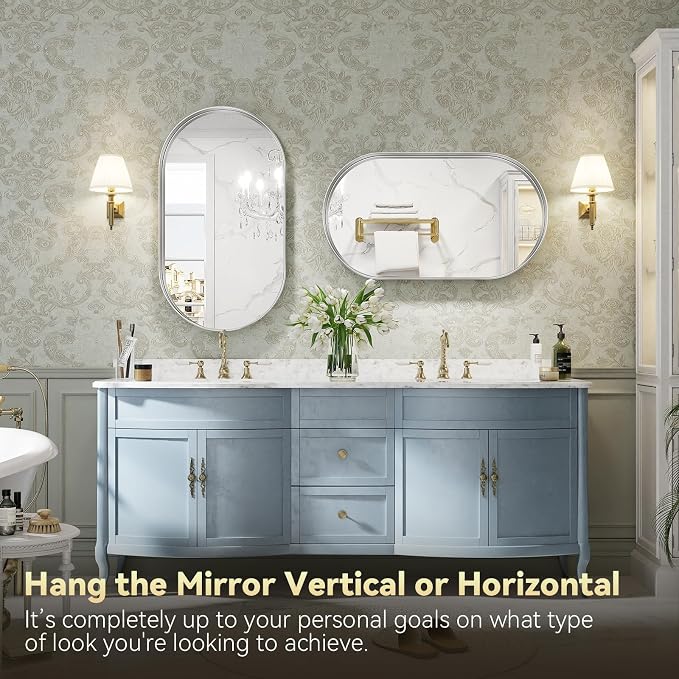 Brightify Silver Oval Mirror for Bathroom 20x36 Inch, Metal Framed Vanity Silver Mirrors, Modern Pill Shape Mirror for Bedroom Living Room Wall Decorative Hang Vertical and Horizontal