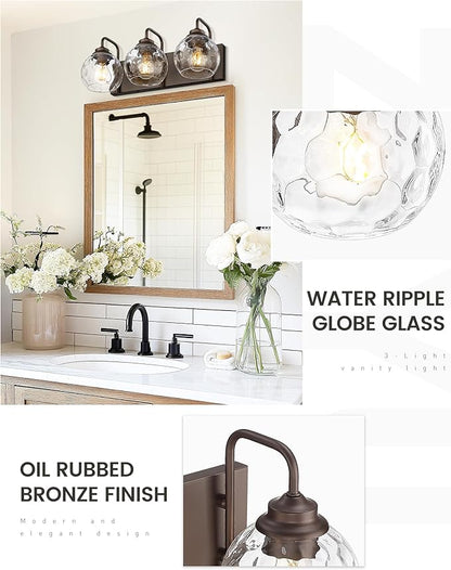 zeyu Bathroom Light Fixtures, 3-Light Bathroom Vanity Light, 20 Inch Modern Wall Sconces with Water Ripple Globe Shade, Oil Rubbed Bronze Finish, ZSL72BG-3W ORB-WG