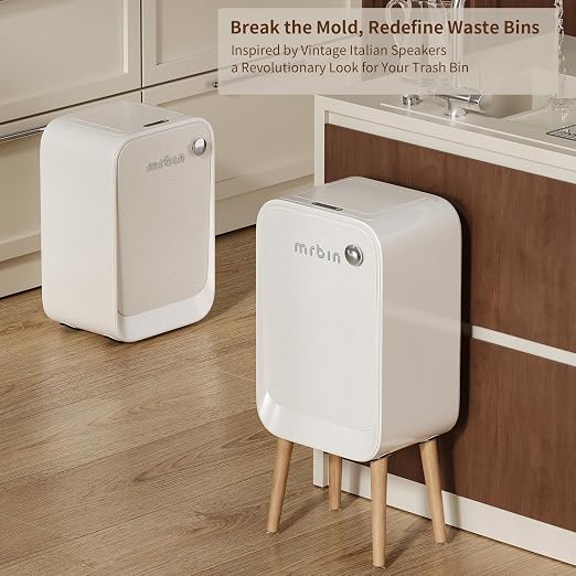 MRBIN Motion Sensor Trash Can Bathroom with Butterfly Lid and Leg, 5.5 Gal / 20 L Tall Automatic Touchless Electric Smart Waste Basket, Toilet Covered Garbage Dustbin for Bedroom, Cream White