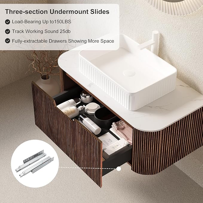 30'' Floating Bathroom Vanity with Sink, Natural Solid Wood Modern Bathroom Vanities with Rectangular Ceramic Basin and Marble Top, Soft-Close Drawer, Pre-Assembled Cabinet, Dark Walnut
