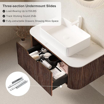 30'' Floating Bathroom Vanity with Sink, Natural Solid Wood Modern Bathroom Vanities with Rectangular Ceramic Basin and Marble Top, Soft-Close Drawer, Pre-Assembled Cabinet, Dark Walnut