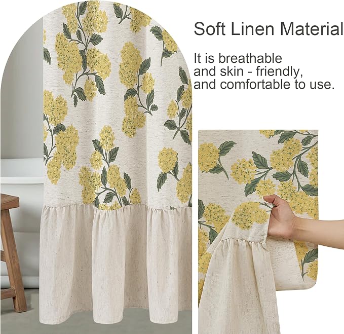 ORTIGIA Linen Textured Ruffle Shower Curtain with Metal Hooks, Vintage Yellow Hydrangea Floral Boho Waterproof Bath Curtain for Rustic Farmhouse Bathroom Decor 72x72 Inch