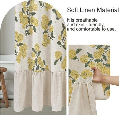 ORTIGIA Linen Textured Ruffle Shower Curtain with Metal Hooks, Vintage Yellow Hydrangea Floral Boho Waterproof Bath Curtain for Rustic Farmhouse Bathroom Decor 72x72 Inch