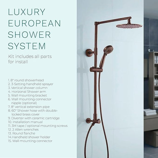 Fennocasa Polaris 3 Retrofit Rain Shower System, 3-Setting Handheld Shower Combo with Slide Bar, 8" Low Profile Shower Head (2.5 GPM Oil-Rubbed Bronze)