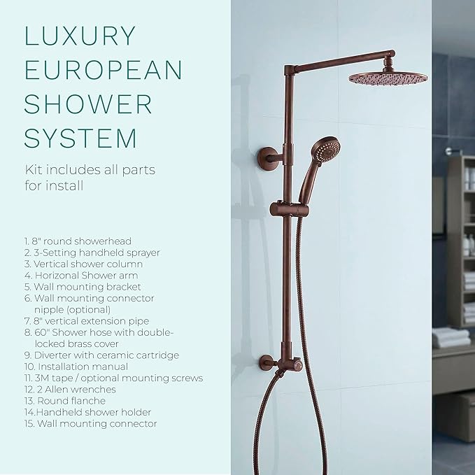 Fennocasa Polaris 3 Rain Shower System, 8” Rainfall Shower Head and Handheld Shower Combo, includes 3-Setting Handheld Spray, Height Adjustable Shower Wand Holder, 60” Hose (1.8 GPM Oil Rubbed Bronze)