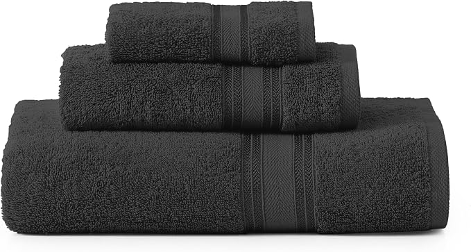 LANE LINEN Luxury Towels Set - 3 Piece Set, 100% Cotton Bathroom Towels, Zero Twist, Quick Dry Shower Towels, Absorbent Bath Towel, Super Soft, 1 Bath Towel, 1 Hand Towel, 1 Wash Cloths - Black | Towel Pack - Terry Weave Comfort, Long-Lasting Comfort, ...