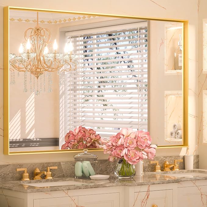 Keonjinn 40x30 Inch Gold Bathroom Mirror for Over Sink, Rectangular | HD Tempered Glass, Vanity Mirror, Brushed Framed, Square Corner, Modern Farmhouse, Wall Mounted Mirrors, Aluminum Alloy
