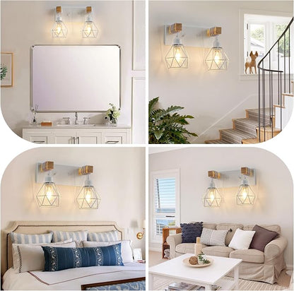 VbiTmn Bathroom Light Fixtures, 2 Light White Farmhouse Wood Vanity Lights | Rustic Design, Diamond Metal Shades, Easy to Install, Wall Sconces for Bathroom, Bedroom, Makeup Area, Over Vanity Mirror
