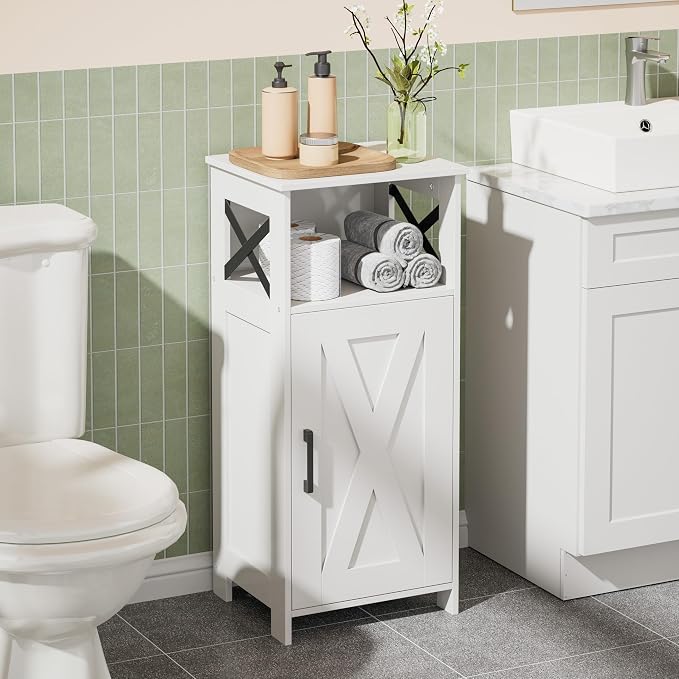 Homhedy Farmhouse Bathroom Storage Cabinet with Doors, Small Floor Cabinet | Toilet Paper Cabinet with Adjustable Shelf, Freestanding Storage Cabinet for Kitchen/Laundry/Living Room, 14"W, White