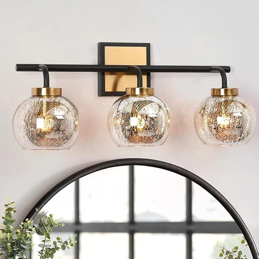 KSANA Black Gold Vanity Light, Modern 3-Light Bathroom Light Fixture with Mercury Glass Shade, Electroplating Brass 22”L Globe Vanity Lighting Over Mirror