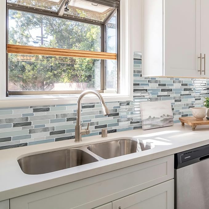 LONGKING Self-Adhesive Kitchen Backsplash, Marble Look Decorative Tiles (10 Tiles) | Peel and stick backsplash, self-adhesive wall tile, marble, waterproof, kitchen bathroom wall, 10 tiles, set B