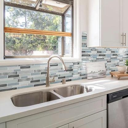 LONGKING Self-Adhesive Kitchen Backsplash, Marble Look Decorative Tiles (10 Tiles) | Peel and stick backsplash, self-adhesive wall tile, marble, waterproof, kitchen bathroom wall, 10 tiles, set B