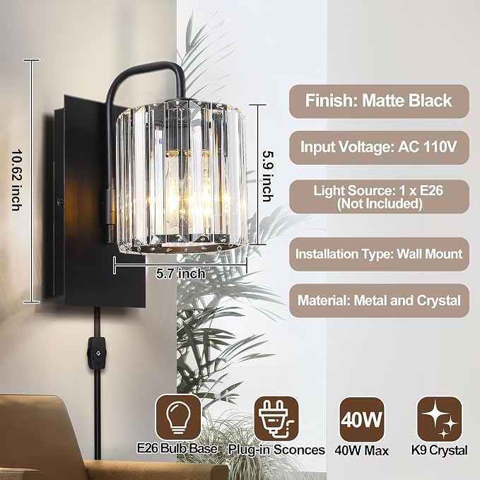Plug in Crystal Wall Sconces, Black Plug in Sconce with Dimmer Cord | 10 inch Glass Wall Light Fixtures with Cord for Living Room Bedroom Hallway Staircase Bedside Square E26