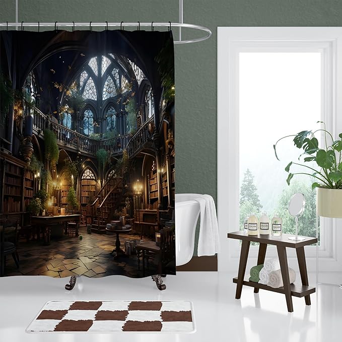 Gothic Library Bookself Shower Curtain,Witchy Dark Green Plant Aesthetics Shower Curtains Funny Waterproof Polyester,Medieval European Castle Architecture Bathroom Decor,72x72 Inch
