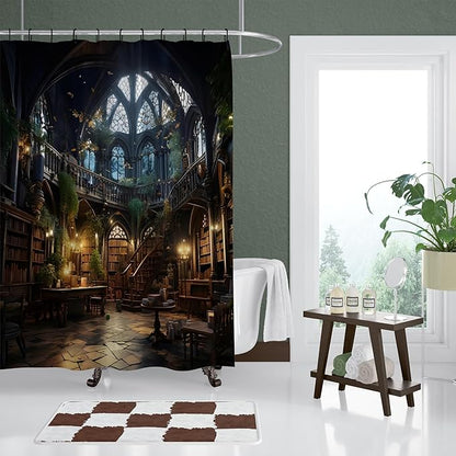 Gothic Library Bookself Shower Curtain,Witchy Dark Green Plant Aesthetics Shower Curtains Funny Waterproof Polyester,Medieval European Castle Architecture Bathroom Decor,72x72 Inch