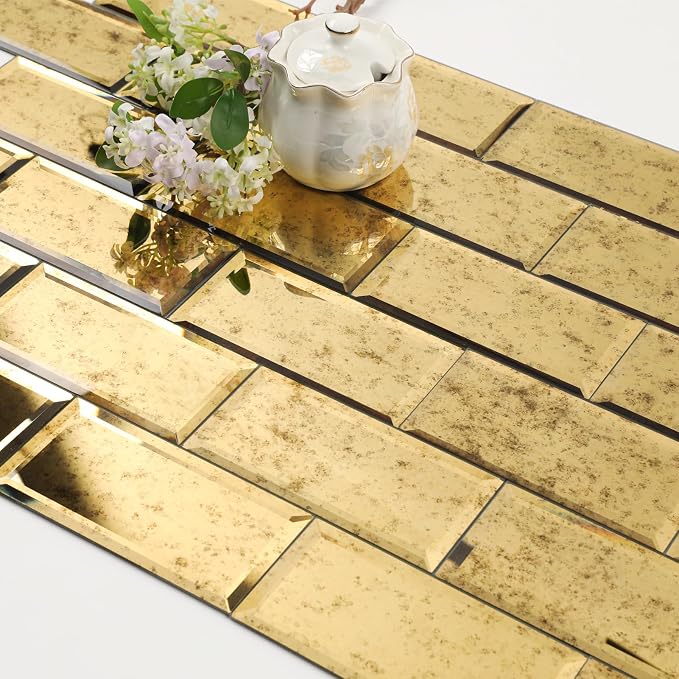 Peel and Stick Mirror Tile, Light Antique with Gold, 3x6 Inch, Beveled Mirror Backsplash for Kitchen Bar Bathroom Wall Tiles (5 Sq.ft, 40 Pcs)