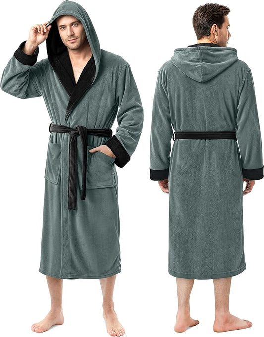 NY Threads Mens Robe with Hood, Luxury Plush Fleece Hooded Mens Bathrobe, Spa Bath Robe for Men