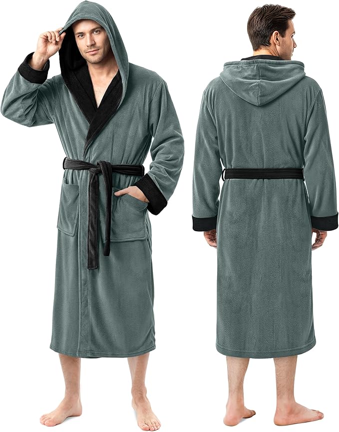 NY Threads Mens Robe with Hood, Luxury Plush Fleece Hooded Mens Bathrobe, Spa Bath Robe for Men