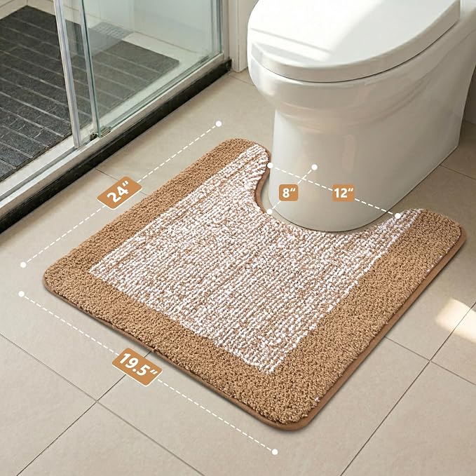 Toilet Rugs U-Shaped 24x19, Non-Slip Plush Shaggy Quick Dry Bathroom Contour Rugs, Extra Soft Absorbent Chenille Washable Bath Mat for Toilet Base, Coffee