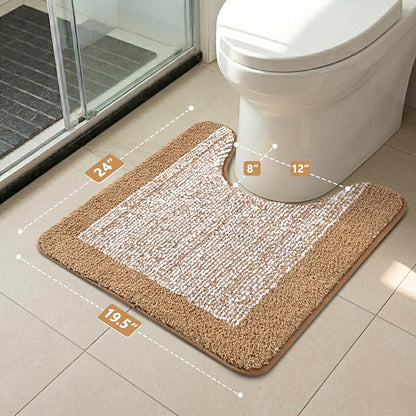 Toilet Rugs U-Shaped 24x19, Non-Slip Plush Shaggy Quick Dry Bathroom Contour Rugs, Extra Soft Absorbent Chenille Washable Bath Mat for Toilet Base, Coffee