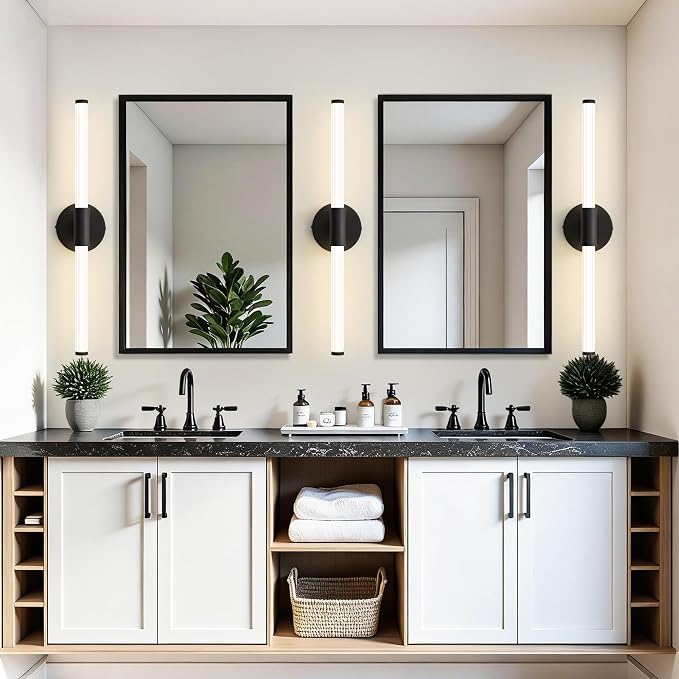 LED Bathroom Vanity Lights Black Modern Wall Sconce 24" | 360° Bright Lighting, Dimmable Vanity Light Bar, Hardwired Wall Lights 4000K Natural White for Mirror