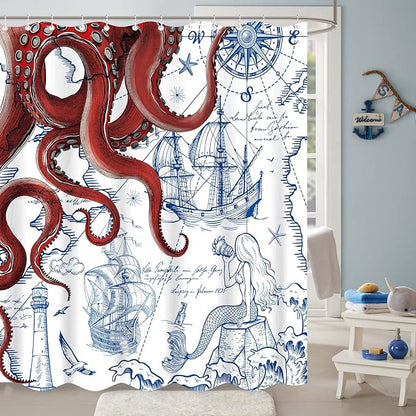 Fungarth Red Nautical Octopus Shower Curtain Navy Blue Mermaid Funny Ocean Kraken Shower Curtains for Bathroom Cool Anchor Coastal Map Waterproof Fabric Bath Curtain Decor with Hooks (Red, 72” x 72”)