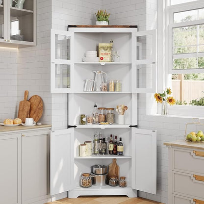 GarveeHome 67 in Tall Corner Storage Cabinet with Lights, Farmhouse Corner Hutch Display Cabinet with Glass Doors, Wooden Storage Organizer for Kitchen, Living Room, Bathroom, White